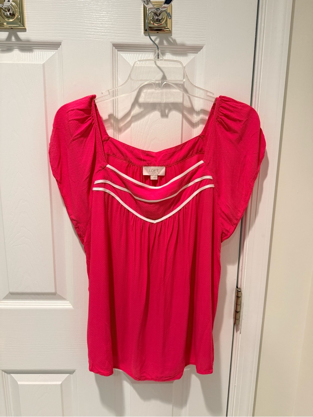 LOFT Hot Pink Puff-Sleeve Scoop Neck Blouse with White Trim